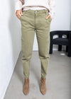 KUT Kiera High Rise Barrel Jean- Olive-Hand In Pocket