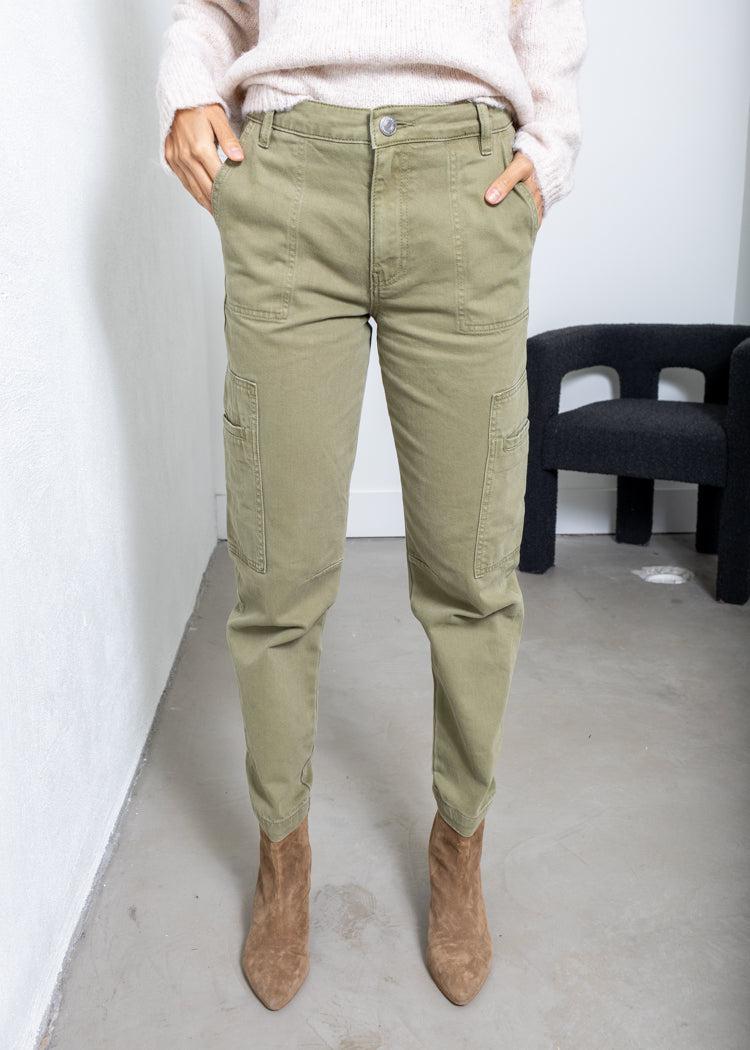 KUT Kiera High Rise Barrel Jean- Olive-Hand In Pocket