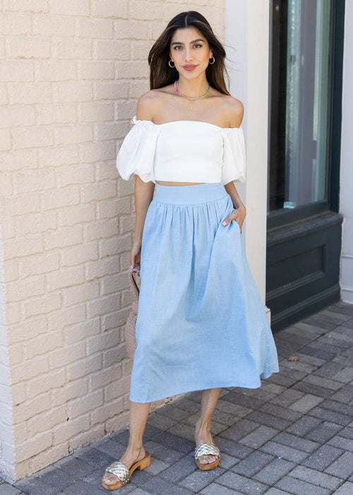 Sally A-Line Midi Skirt-Lt. Blue- ***FINAL SALE***-Hand In Pocket