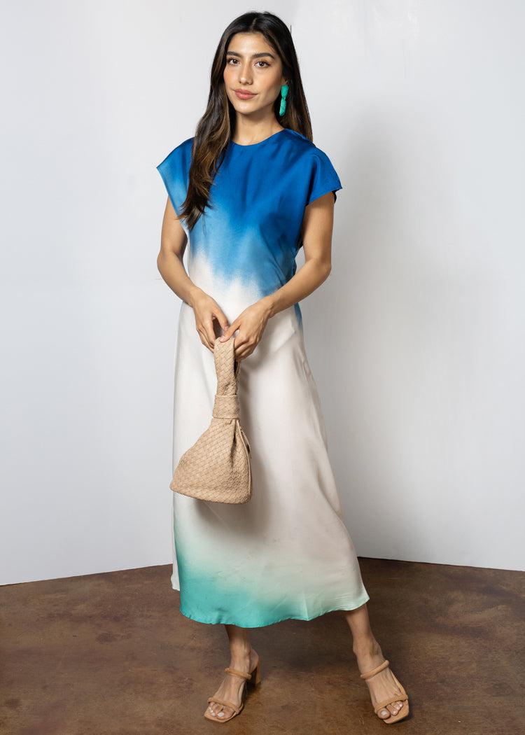 Isla Short Sleeve Ombre Dress-Blue-Hand In Pocket