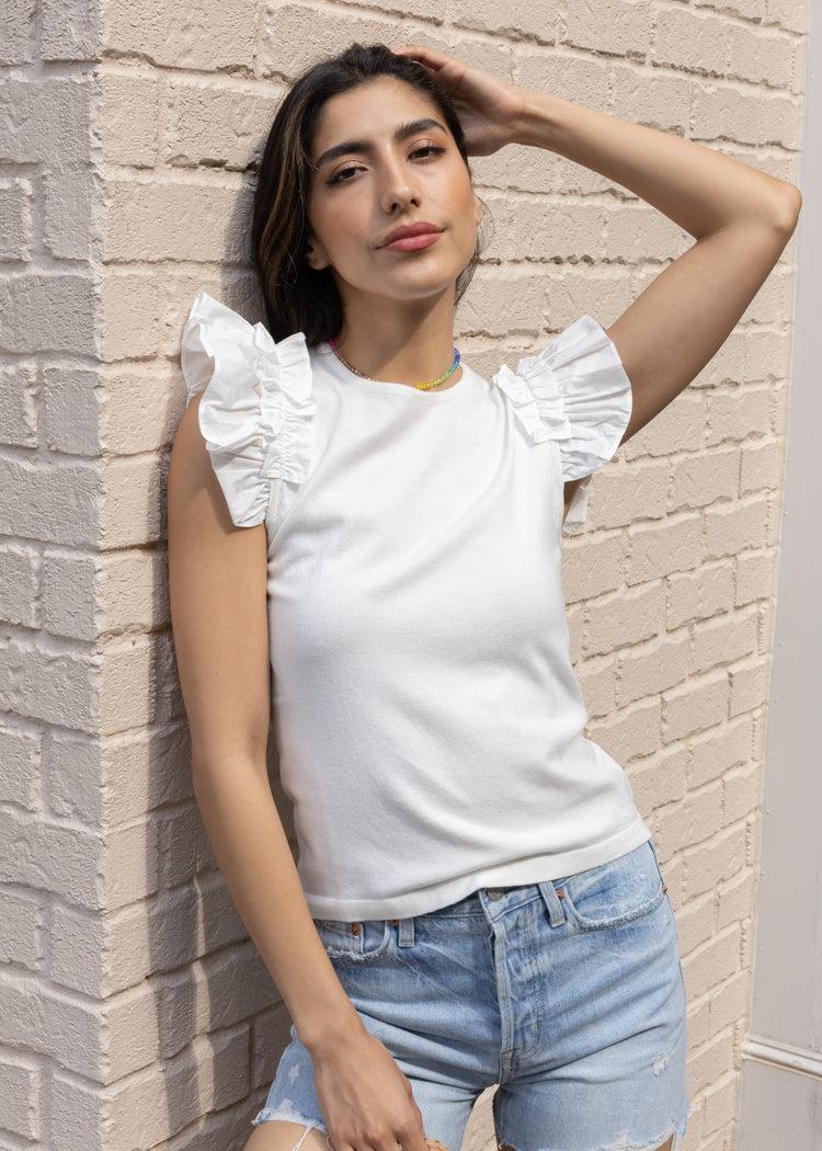 Gillian Ruffle Knit Top-White-Hand In Pocket