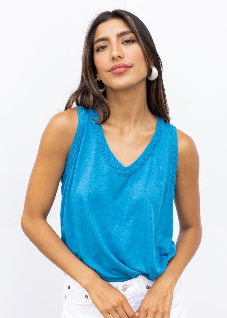 Michael Stars Dina Mix V-Neck Tank-Pacific-Hand In Pocket