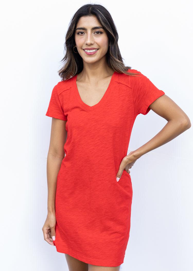 Bobi V-Neck T-Shirt Dress-Rebel-Hand In Pocket