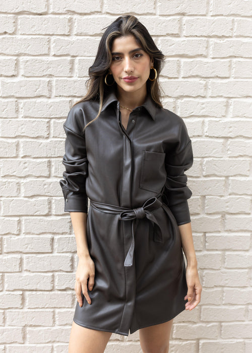 Sharl Shirt Dress with Self Tie - Bark ***FINAL SALE***-Hand In Pocket