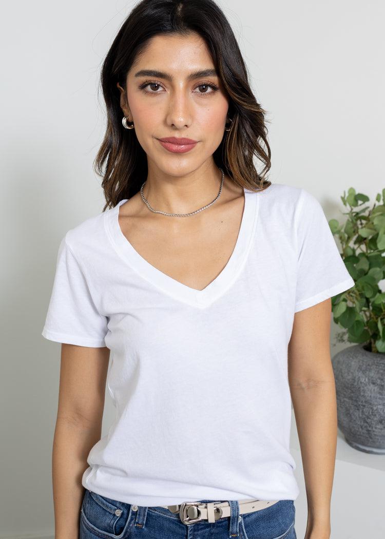 Bobi SS V-Neck Tee- White-Hand In Pocket