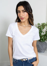 Bobi SS V-Neck Tee- White-Hand In Pocket