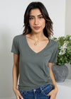 Bobi SS V-Neck Tee- DK Sage-Hand In Pocket