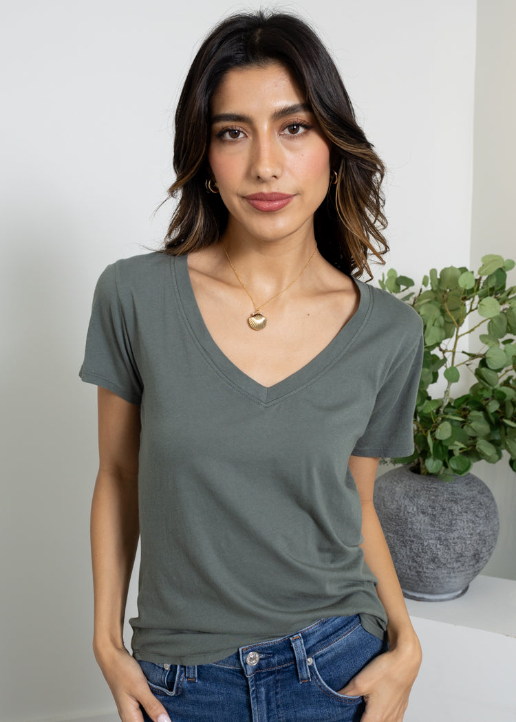 Bobi SS V-Neck Tee- DK Sage