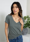 Bobi SS V-Neck Tee- DK Sage-Hand In Pocket