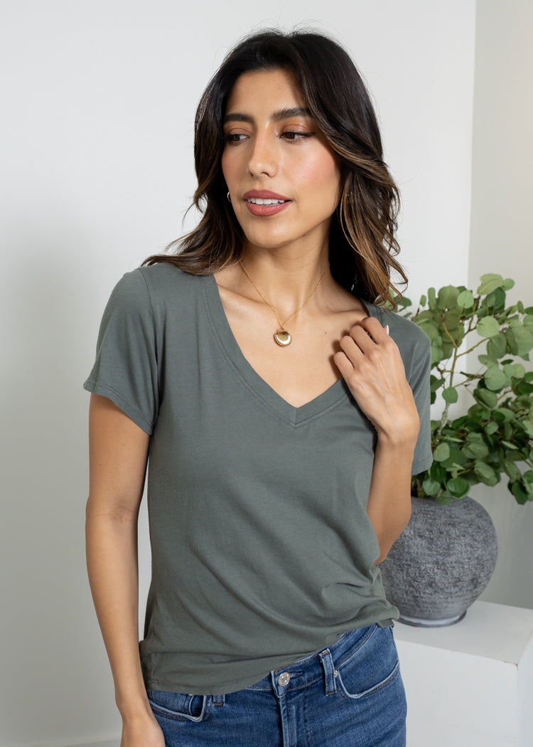 Bobi SS V-Neck Tee- DK Sage