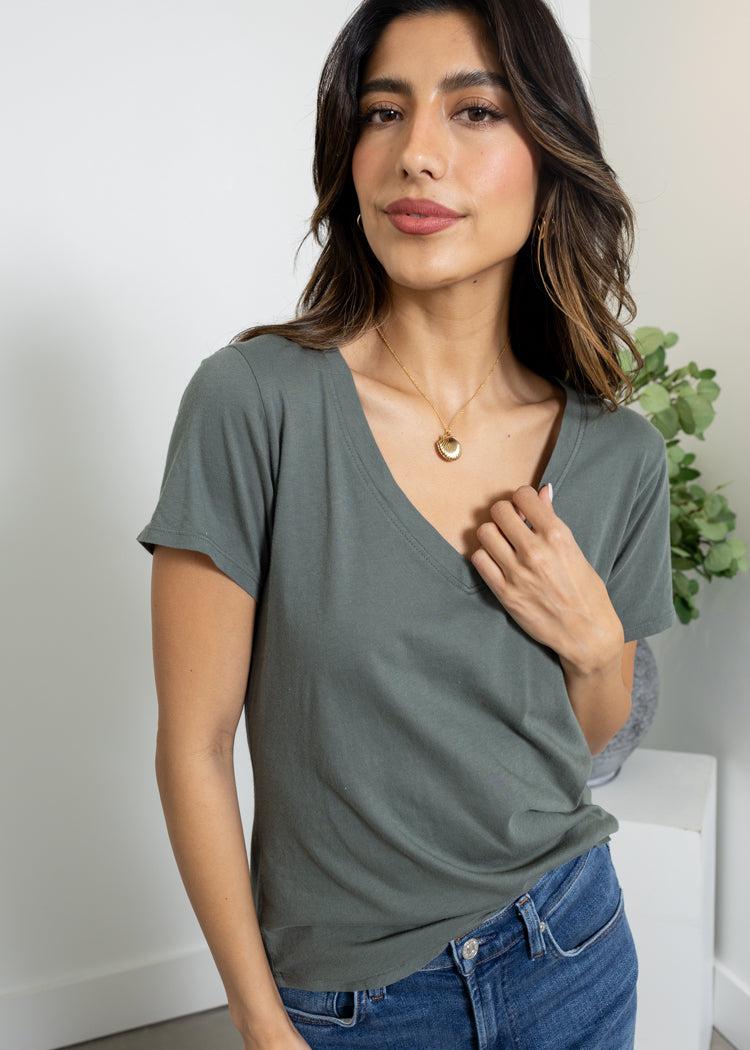 Bobi SS V-Neck Tee- DK Sage-Hand In Pocket