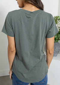 Bobi SS V-Neck Tee- DK Sage-Hand In Pocket