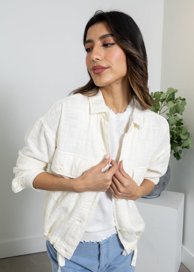 Bobi Collar Pocket Crop Jacket - Macadamia-Hand In Pocket