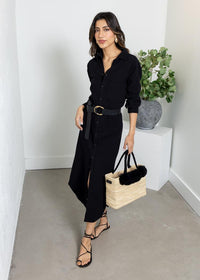 Bobi Button Front Maxi Shirt Dress- Black-Hand In Pocket