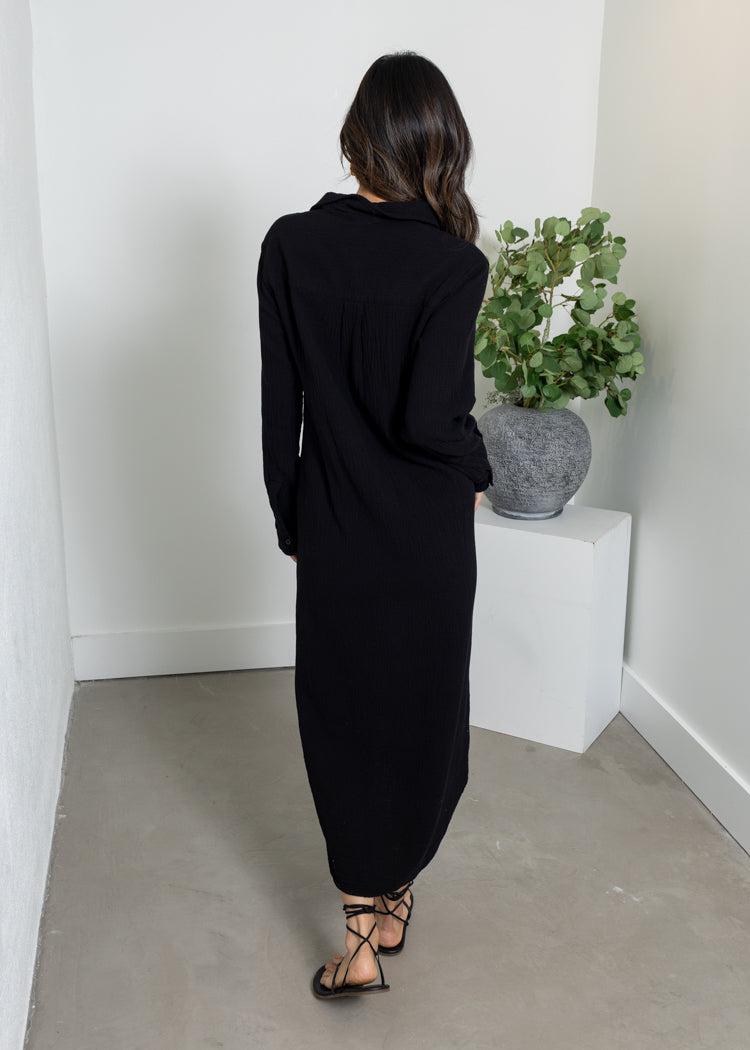 Bobi Button Front Maxi Shirt Dress- Black-Hand In Pocket