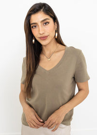 Michael Stars Dylan V-Neck Tee - Olive-Hand In Pocket