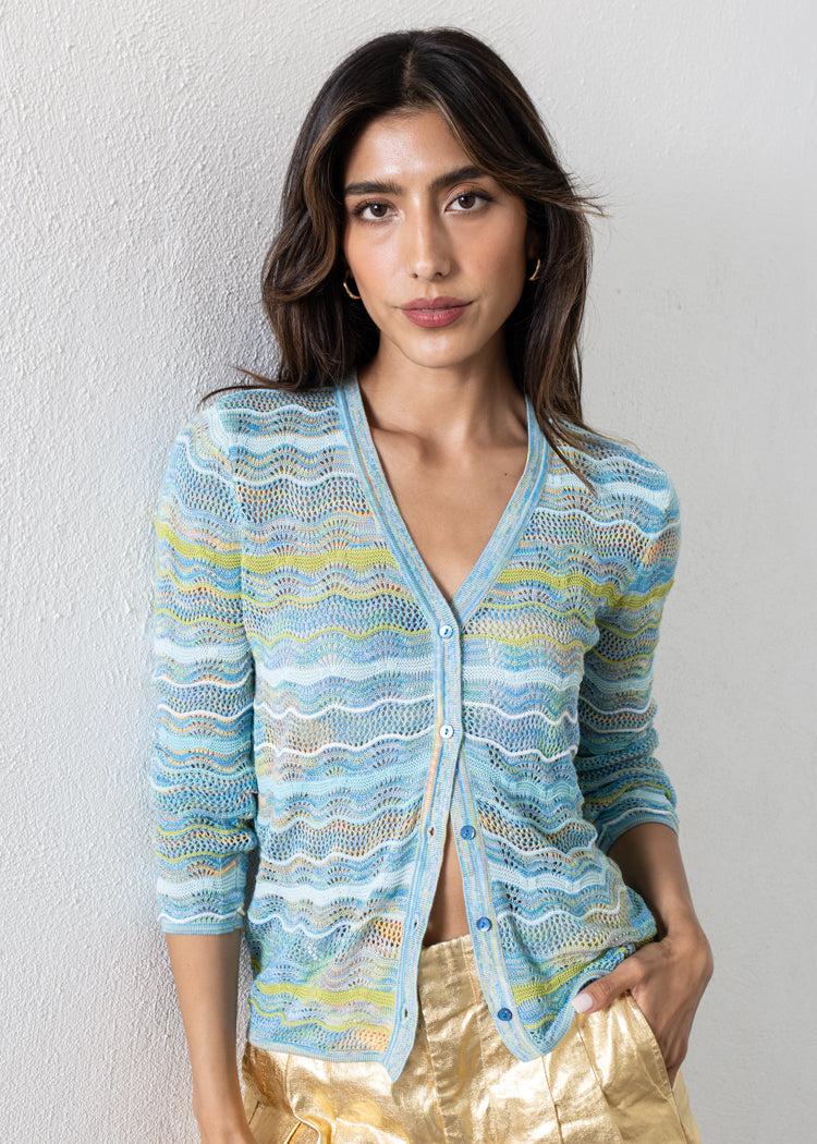 Allison Colleen Cardigan- Aqua Space Dye-Hand In Pocket