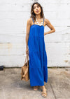 Bobi Spaghetti Strap Gauzy Tiered Cami Maxidress-Cerulean-Hand In Pocket