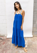 Bobi Spaghetti Strap Gauzy Tiered Cami Maxidress-Cerulean-Hand In Pocket