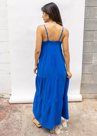 Bobi Spaghetti Strap Gauzy Tiered Cami Maxidress-Cerulean-Hand In Pocket