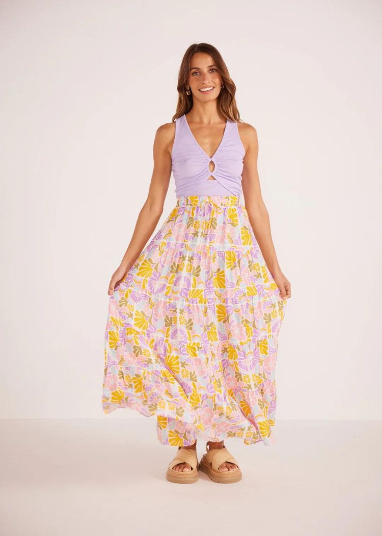 MINKPINK Soleil Tiered Flowy Midi Skirt - Retro Floral ***FINAL SALE***-Hand In Pocket