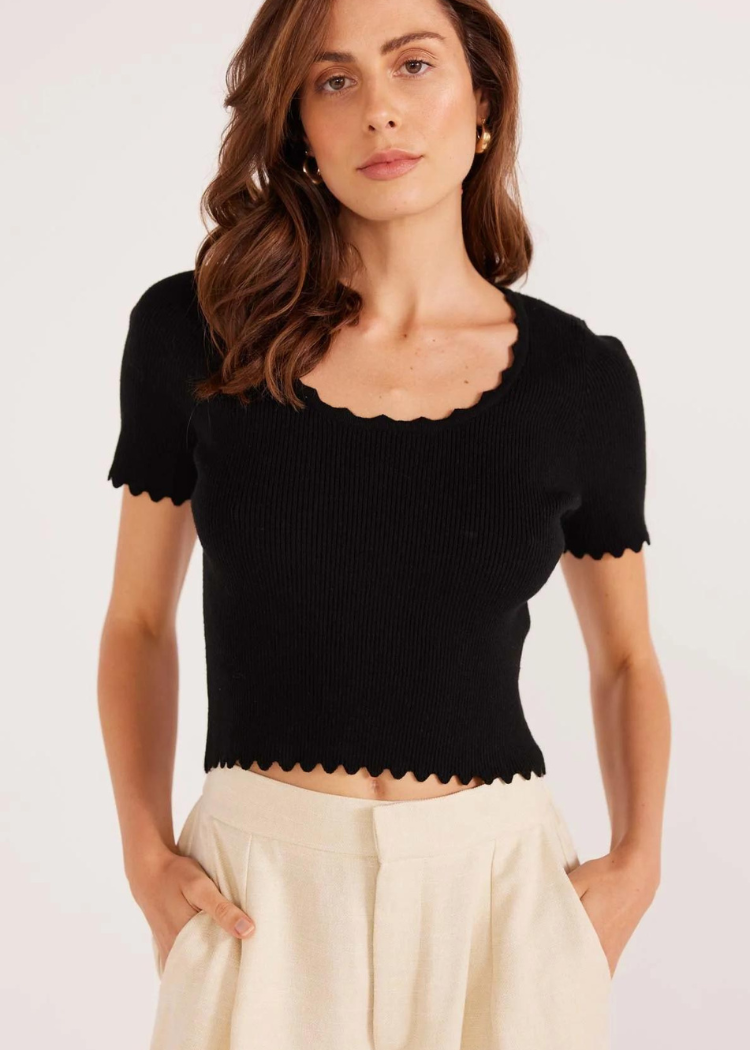 MINKPINK Laura Scallop Knit Tee- Black ***FINAL SALE***-Hand In Pocket