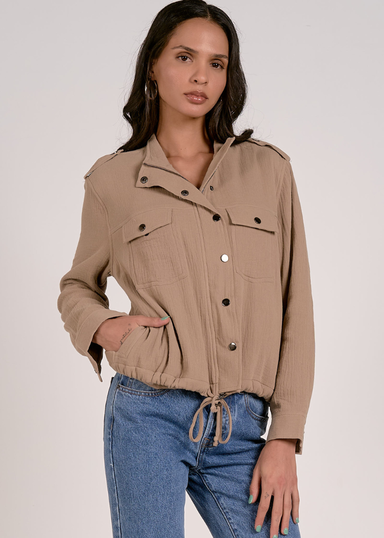 Elan Flora Utility Jacket- Khaki-Hand In Pocket