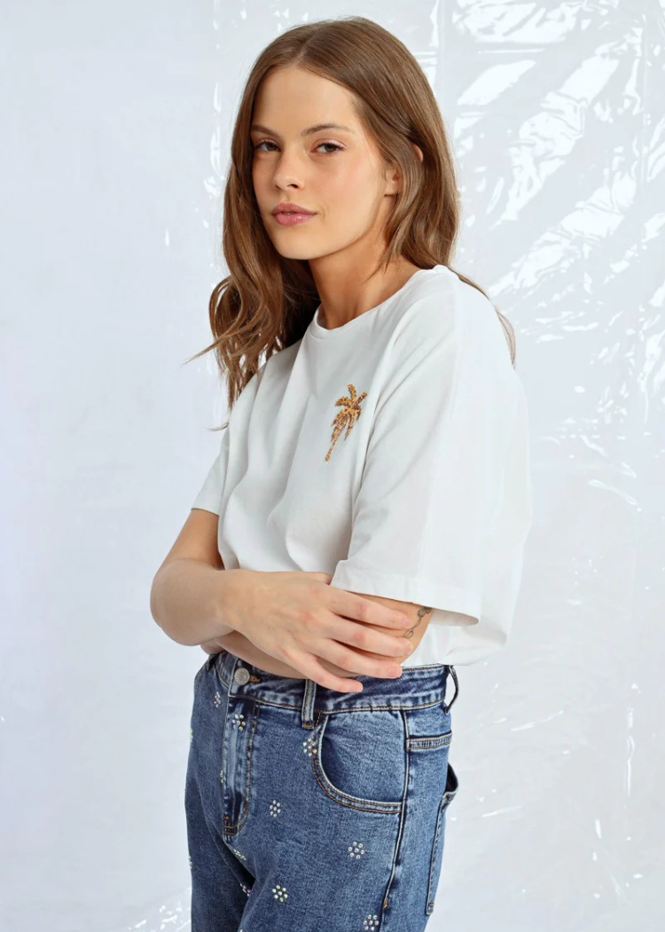 Molly Bracken Aimee Knit Tee- White-Hand In Pocket