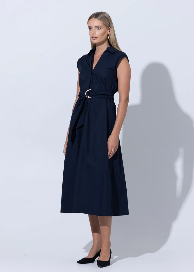 Lusana Chloe Poplin Shirt Dress- Midnight-Hand In Pocket