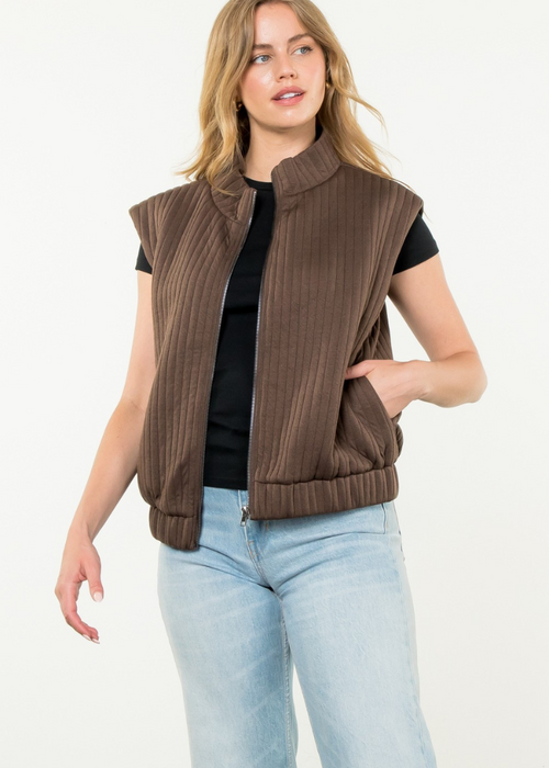 THML Miranda Striped Zip Up Vest- Chocolate-Hand In Pocket