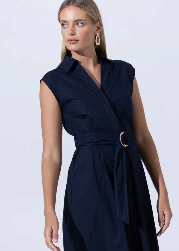 Lusana Chloe Poplin Shirt Dress- Midnight-Hand In Pocket