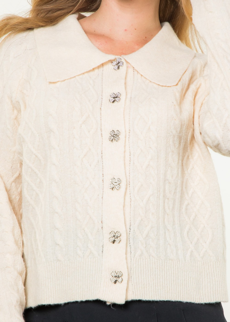 THML Pearl Cardigan- Creme-Hand In Pocket