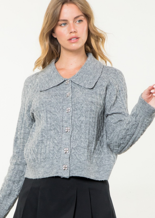 THML Pearl Cardigan- Grey-Hand In Pocket