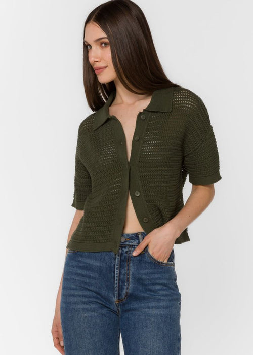 Velvet Heart Claudine Button Up Shirt- Military Olive-Hand In Pocket