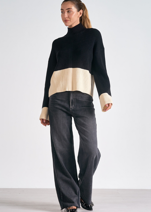 Elan Vivian Mockneck Sweater- Black/ White-Hand In Pocket