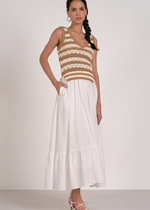 Elan Lila Midi Dress- White Tan Stripe-Hand In Pocket