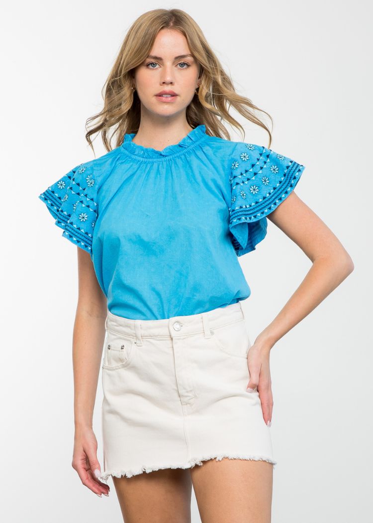 THML Darcy Embroidered Flutter Sleeve Top ***FINAL SALE***-Hand In Pocket