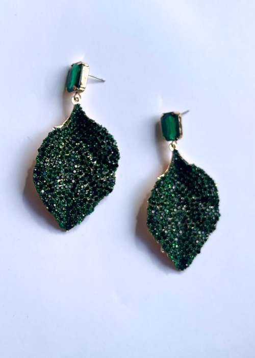 Maria Rhinestone Leaf Drop Earrings - Emerald-Hand In Pocket