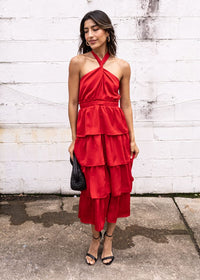 Adelyn Rae Eleanor Halter Tiered Midi Dress- Crimson Red ***FINAL SALE***-Hand In Pocket