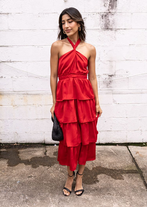 Adelyn Rae Eleanor Halter Tiered Midi Dress- Crimson Red-Hand In Pocket