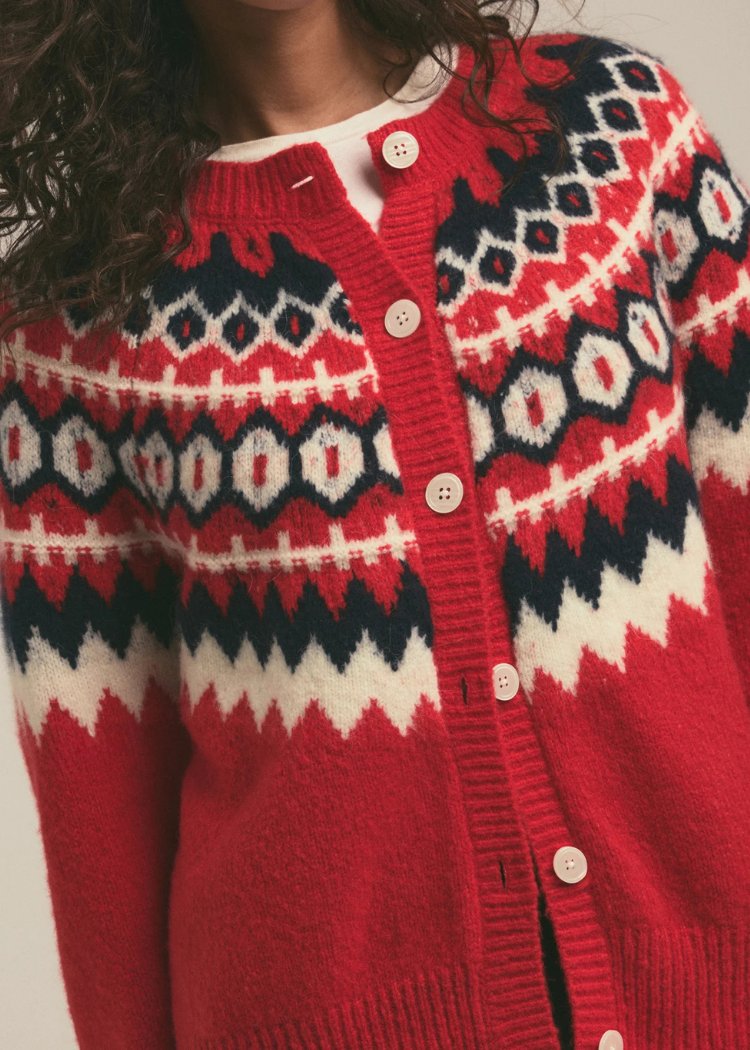 Favorite Daughter Snowed In Cardigan- Red Fairisle-Hand In Pocket