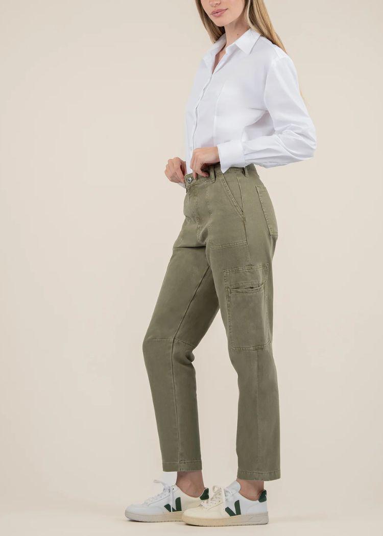 KUT Kiera High Rise Barrel Jean- Olive-Hand In Pocket