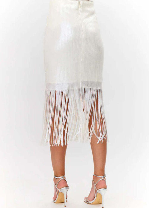 Adelyn Rae Milana Sequins Fringe Midi Skirt - Ivory-Hand In Pocket