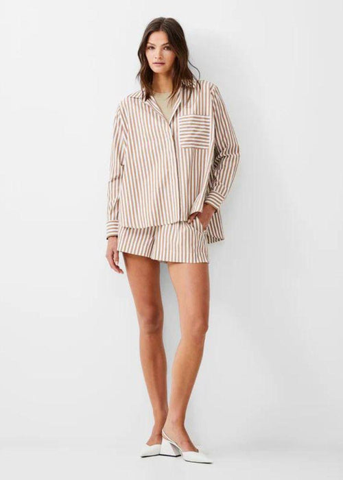 French Connection Thick Stripe Relaxed Popover Shirt- Tobacco Brown-Hand In Pocket