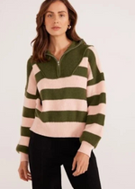 MINKPINK Darcy 1/4 Zip Knit Jumper- Khaki Stripe-Hand In Pocket