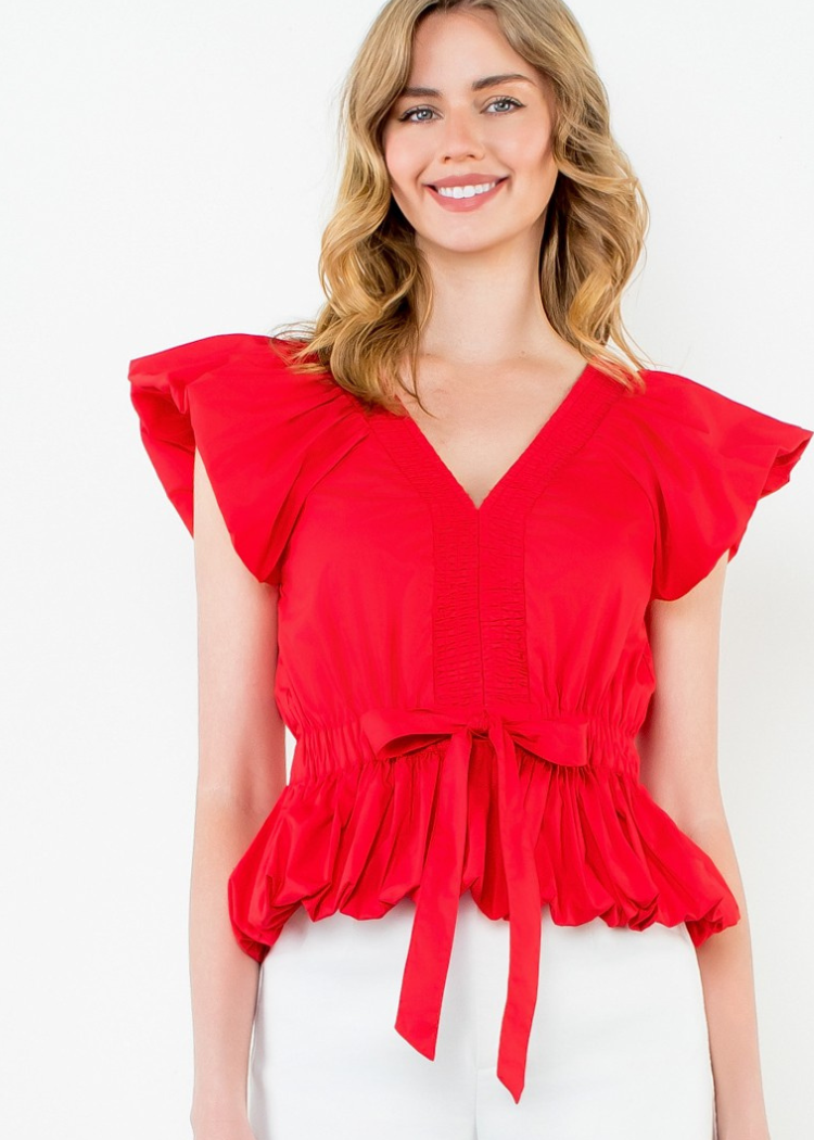 THML Claire V Neck Top- Red-Hand In Pocket