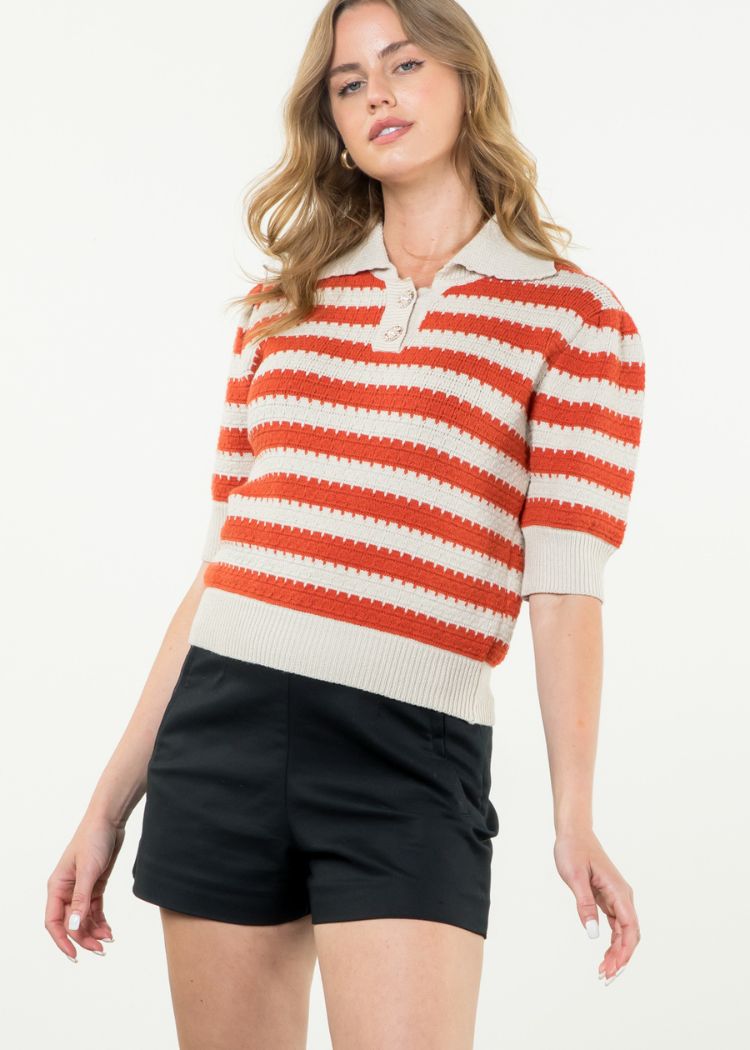 Cassidy Collard Stripped Knit Top-Hand In Pocket