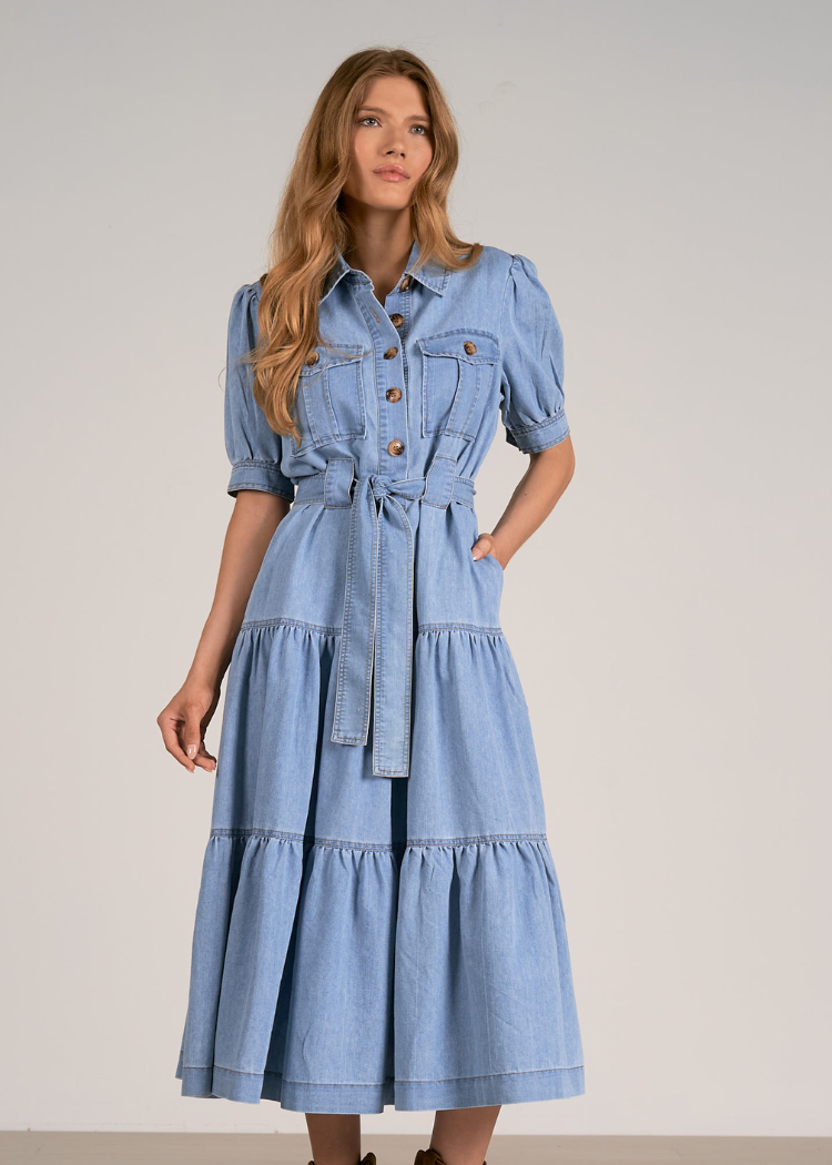 Elan Daniella Midi Dress - Denim-Hand In Pocket