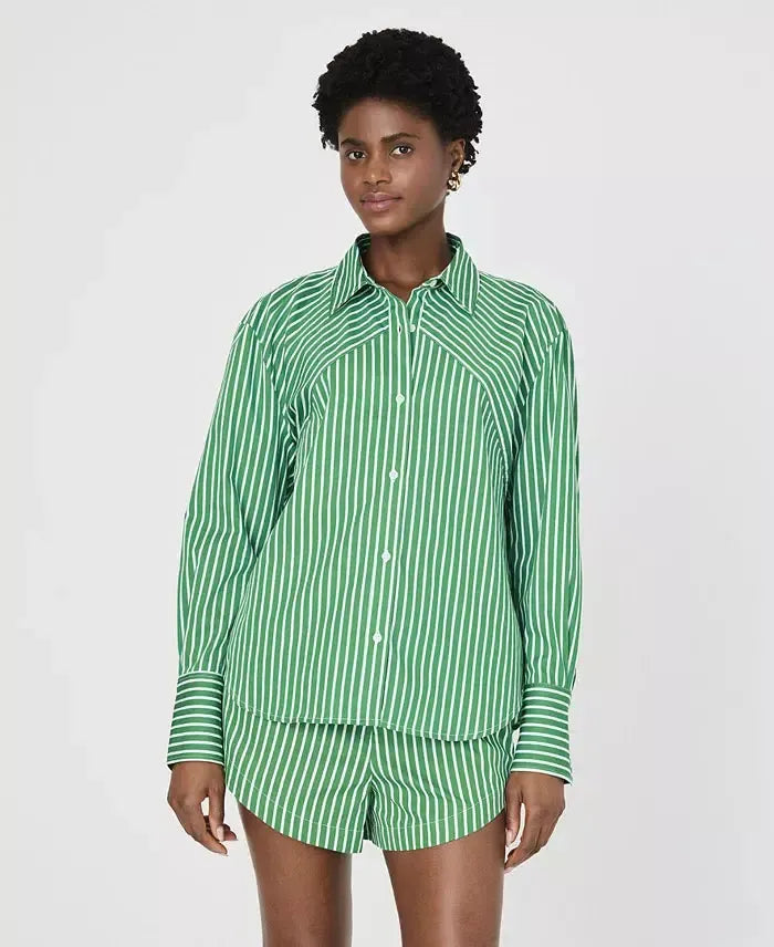 French Connection Alexis Yoke Cotton Shirt- Green/ White-Hand In Pocket