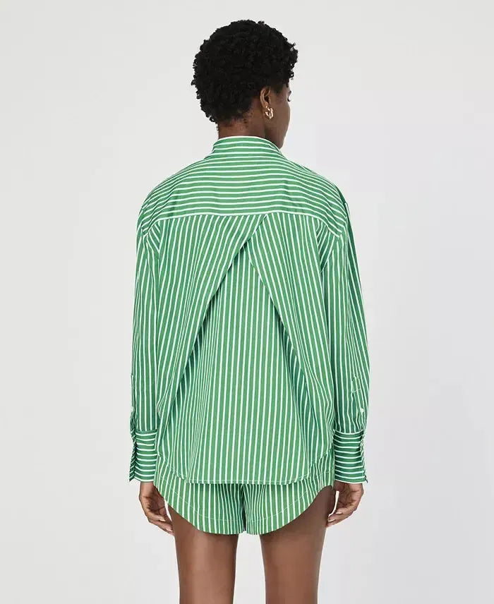 French Connection Alexis Yoke Cotton Shirt- Green/ White-Hand In Pocket